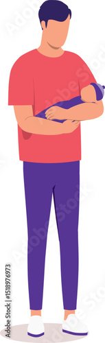 One Young Father Standing And Carrying His Newborn Baby With Both Arms.