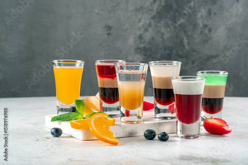 Various alcoholic drinks in glasses on a white table, mixed shots of berries and oranges