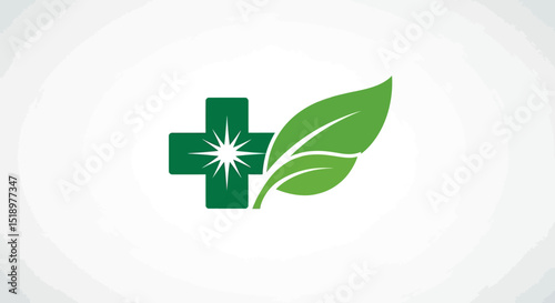 Green Health Symbol with Leaf and Cross