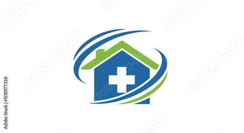Home Healthcare Logo Blue House Green Roof White Cross