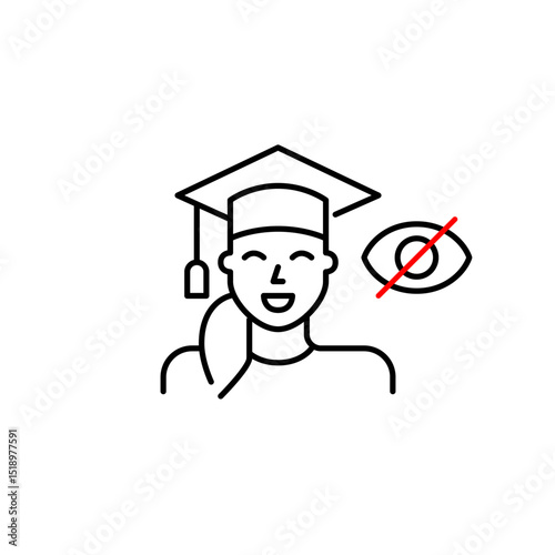 Vector icon of woman in graduation cap with crossed-out eye, symbolizing private achievement, hidden education, or confidential credentials. Ideal for education apps, professional profiles, and privac