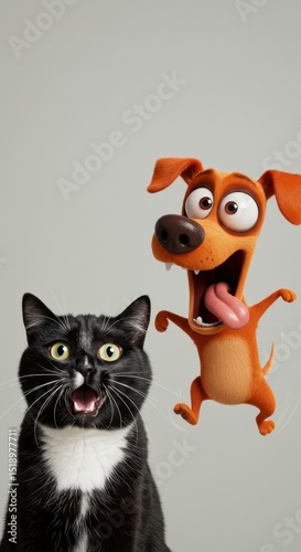 Playful Cartoon Cat and Dog Dynamic Duo: A Hilarious 3D Animated Scene Featuring a Surprised Black and White Cat and a Joyful Orange Dog