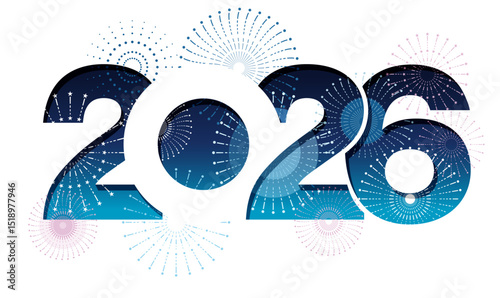 The Year 2026 New Year’s Greeting Symbol Logo Decorated With Celebratory Fireworks. Vector Illustration Isolated On A White Background. 
