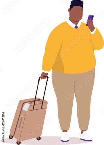 One Plus Size Black Businessman In Smart Casual Holding Luggage And Checking At His Mobile Phone. 