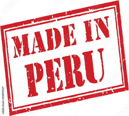 A red rubber stamp with the words made in peru on a black background with a rectangular border around it on transparent background