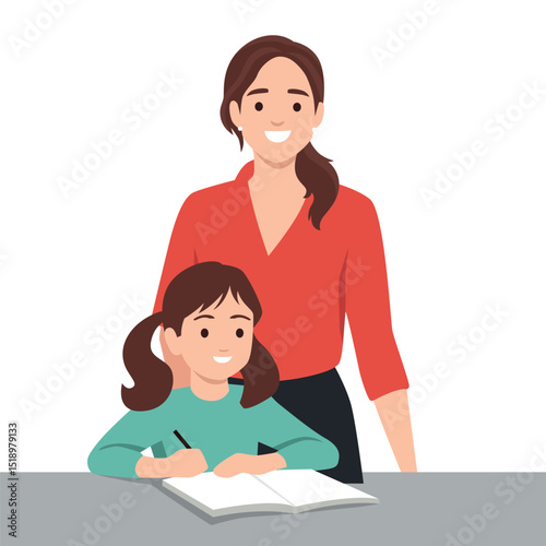Learning Together, a Mother Supporting Her Childs Education. Flat vector illustration isolated on white background