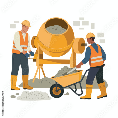 Construction workers mixing concrete using a cement mixer and wheelbarrow in illustration style