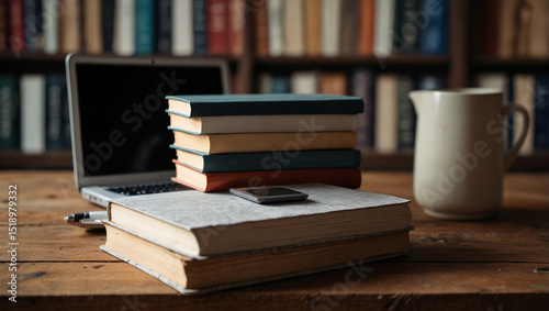 Workspace with laptops and books stacked on wooden tables.