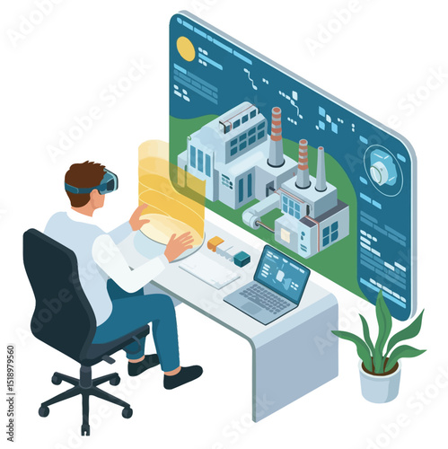 Engineer using virtual reality glasses inspecting modern industrial factory isometric concept