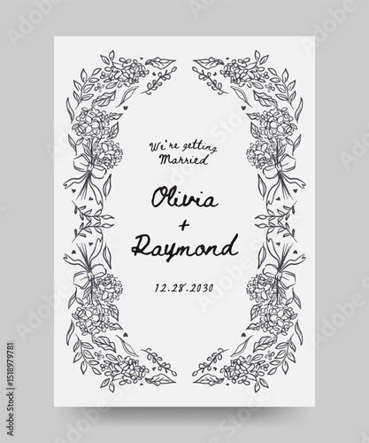 Save the date wedding poster with hand drawn whimsical hydrangea flower and ribbon bow illustration. scribble line art style.