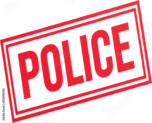 A red police stamp with a double border on a black background angled to the left side of the frame on transparent background