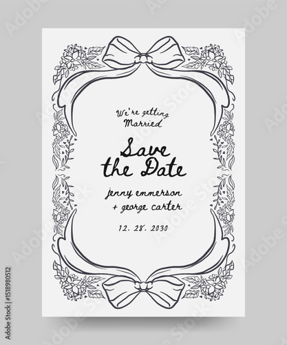 Save the date wedding poster with hand drawn whimsical hydrangea flower and ribbon bow illustration. scribble line art style.