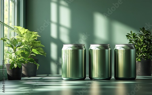 Metallic Green Can Mockup with Sunlit Plants on Table

 photo