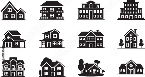 Real Estate Business Icon Set – Black Silhouette Vector for Property, Building & Housing Concepts