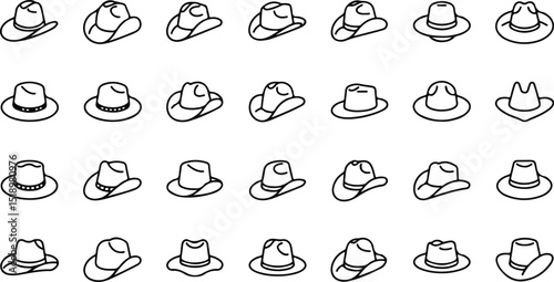 Cowboy Hat Line Icon Set – Western Style Vector Collection for Logos, Stickers & Apparel