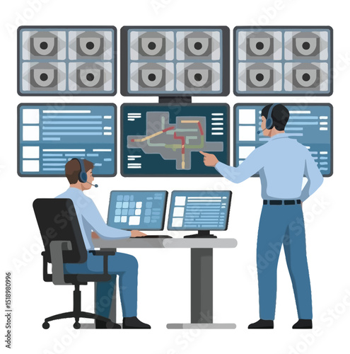 Security control room operators monitoring surveillance cameras and data on computer screens.