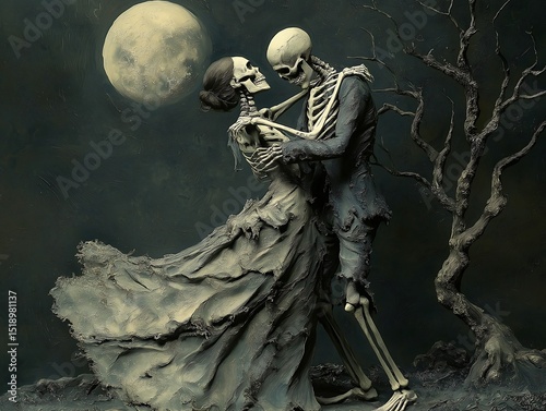 A Skeletal Embrace Underneath the Pale Moon's Glow: A Dark Romantic Dance of Death and Love