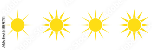 Doodle different sun icons set. Scribble yellow sun with rays symbols. Doodle children drawings collection. Hand drawn burst. Hot weather sign. Vector illustration isolated on white background.