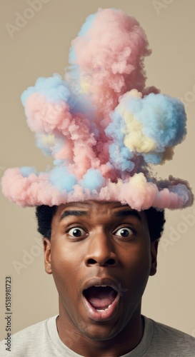 Surreal Portrait: Man with Cotton Candy Cloud Explosion on Head, Creative Photography