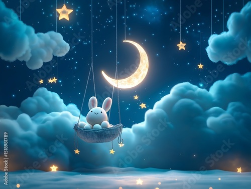 Adorable Bunny on Moonlit Swing Amidst Dreamy Clouds and Stars