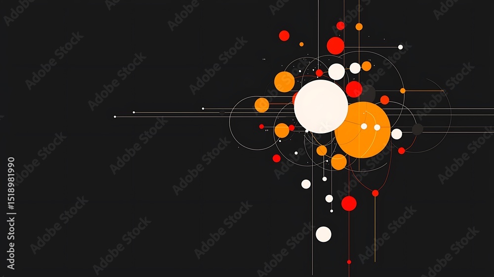 Obraz premium Abstract Geometric Design with Orange Red and White Circles Lines on Black Background Modern Art Wallpaper