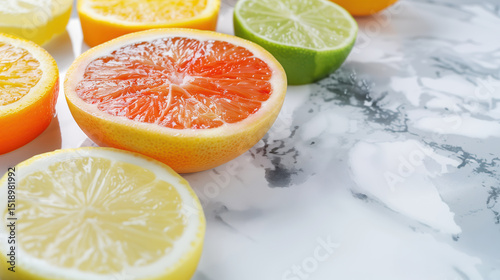 Vibrant Sliced Citrus Fruits on Marble A Stunning Display of Oranges, Lemons, and Limes