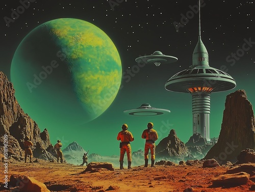 Alien Encounter: Retro Futuristic Space Station on a Martian-like Planet