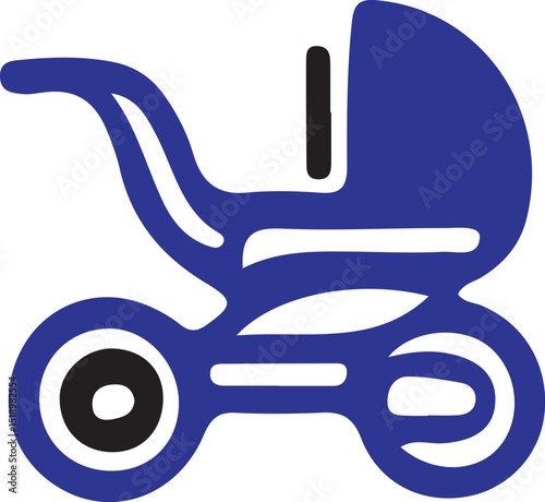 A blue baby stroller icon with black wheel detail