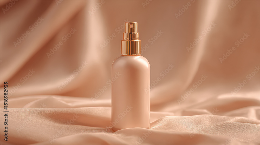 Naklejka premium Minimalist bottle with rose gold sprayer sits elegantly against soft, draped fabric background, creating serene and sophisticated atmosphere