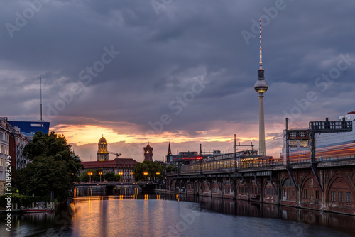The famous Television Tower and the river Spree in Berlin after sunset