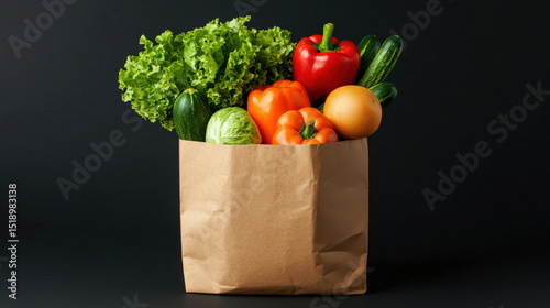 Paper bag filled with fresh vegetables and fruits, including lettuce, bell peppers, cucumbers, and orange, against dark background