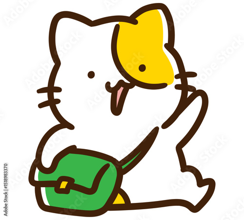 緑色の肩掛けバッグを持ってお出かけに出かけるかわいいねこのキャラクターのデフォルメイラスト
