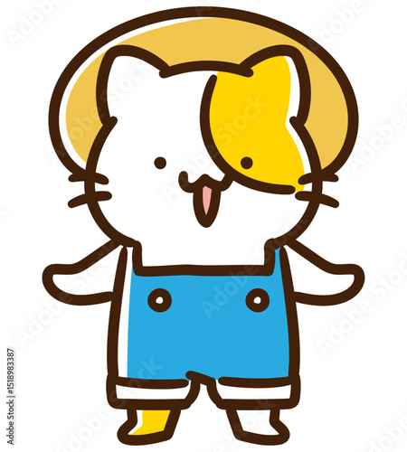 麦わら帽子、サロペットを装着して畑仕事の格好をするかわいいねこのキャラクターのデフォルメイラスト