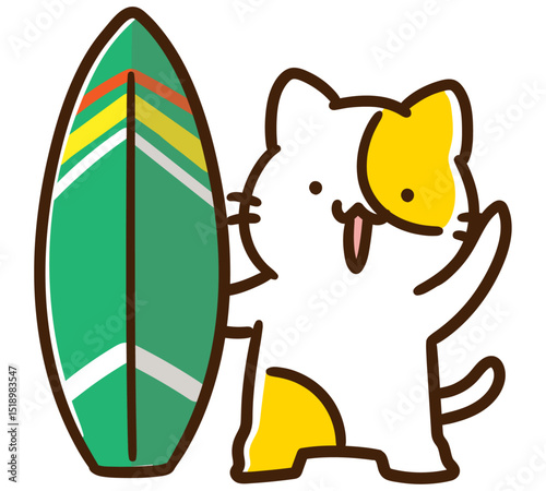 サーフィンボードを持って挨拶するかわいいねこのキャラクターのデフォルメイラスト