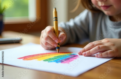A kitchen table with school supplies: pencil case, ruler, colored pens, and a child’s drawing in progress. Overhead light, slight mess, warm tones, documentary style