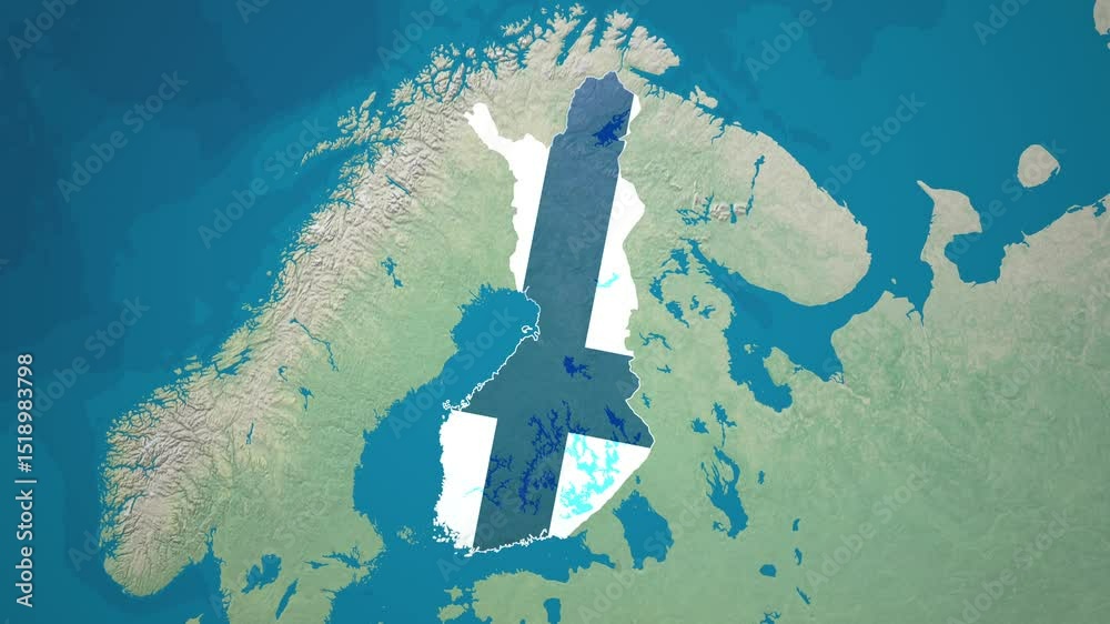 Zoom from Earth to Finland. (Country Flag) Country map animation with highlighted country borders. Europe Cinematic 3d world map animation highlights aerial views, tourism, and travel. 4k