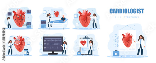 Cardiologist concept. Heart medical diagnosis and treatment. Set of female doctors. Vector illustrations in flat cartoon style.