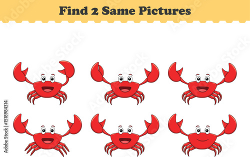 Funny cartoon crab. Find two same pictures. Educational game for children. Cartoon vector illustration