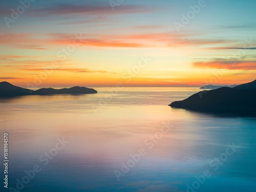 Serene sunset over calm ocean and distant islands