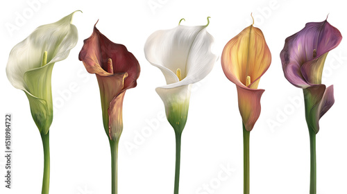 Wallpaper Mural Five Calla Lilies in Diverse Colors on Transparent Background, PNG Torontodigital.ca