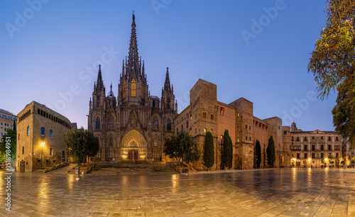 Panorama of the Barcelona Cathedral with no people at dawn