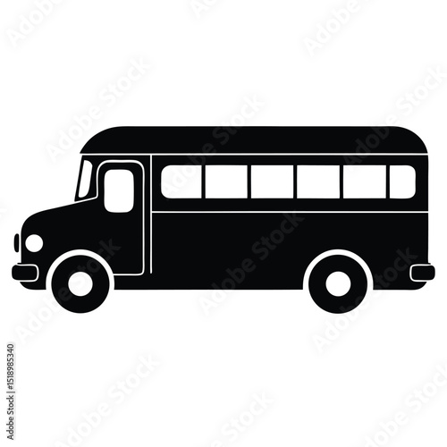 Black and White Illustration of a Vintage School Bus with Windows and Wheels