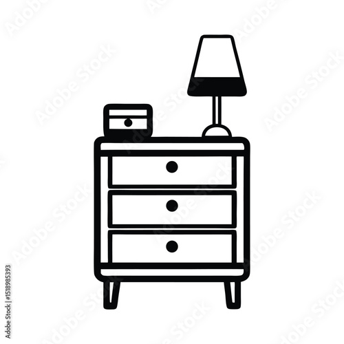 Black and White Nightstand Illustration with Lamp and Small Box on Top