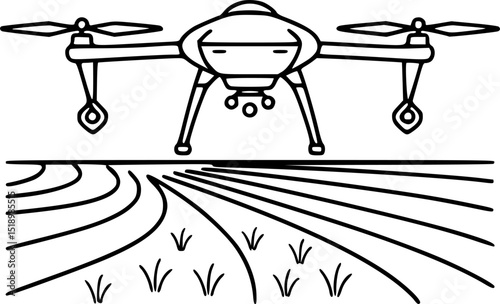 Agricultural Drones. Drone Spraying Crops on Farm Field - Line Art Vector Illustration