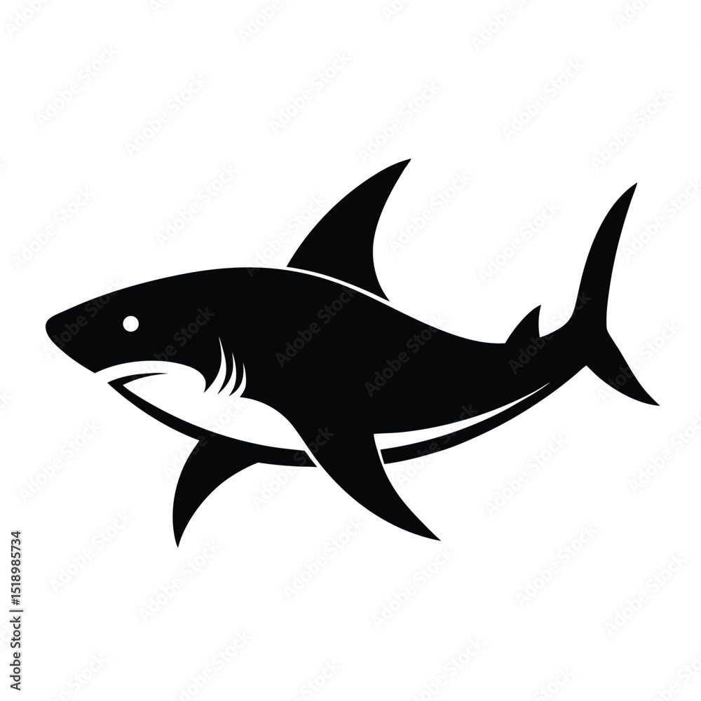 Fototapeta premium Black Shark Silhouette Fierce Ocean Predator, Nautical Logo, Ocean Life Design