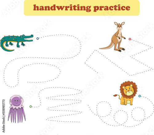 Handwriting Practice. Tracing lines for kids with animals. Vector Illustration