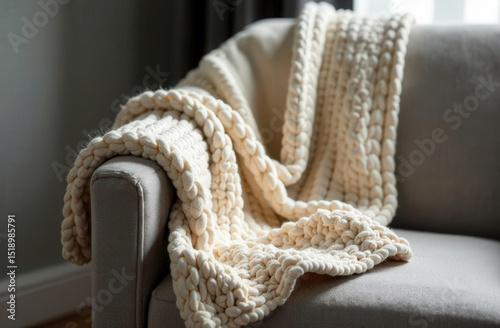 Cozy knitted blanket on a gray armchair in the living room, the atmosphere of comfort and warmth at home