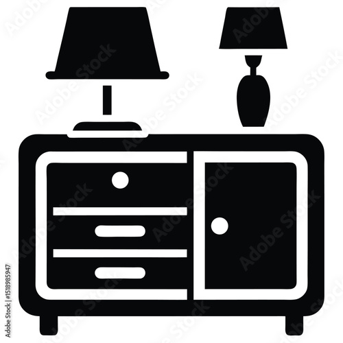Black Silhouette of Cabinet with Drawers, Door, and Lamps on Top Surface