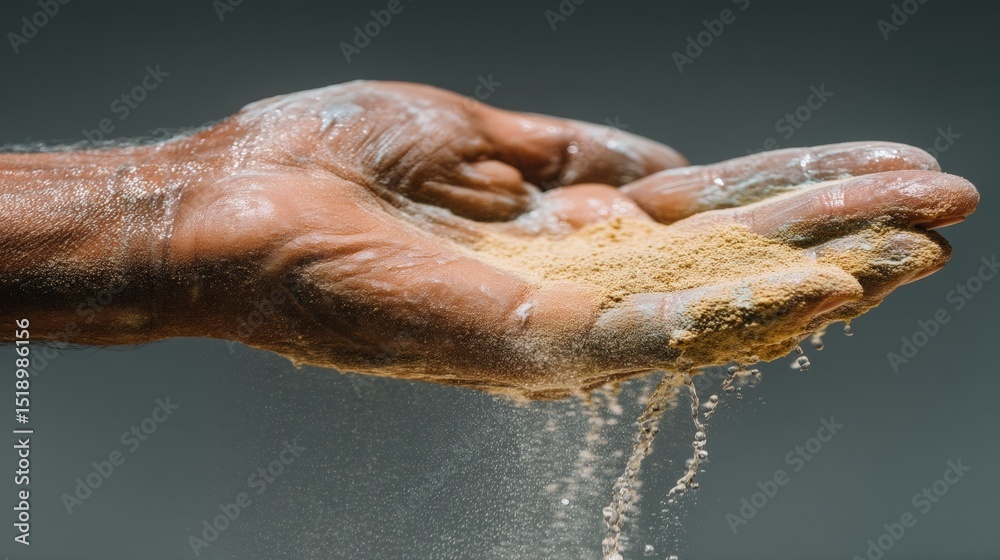 Fototapeta premium Hand Holding Sand Water Dripping Earth Texture Dramatic Lighting Close up