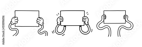 Set of cartoon arms hold blank sign, doodle hand-drawn vector illustration isolated on white, perfect banner or poster template for design